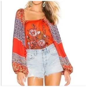 Free People Positano Blouse Boho Floral Patchwork Balloon Sleeves Orange Size S